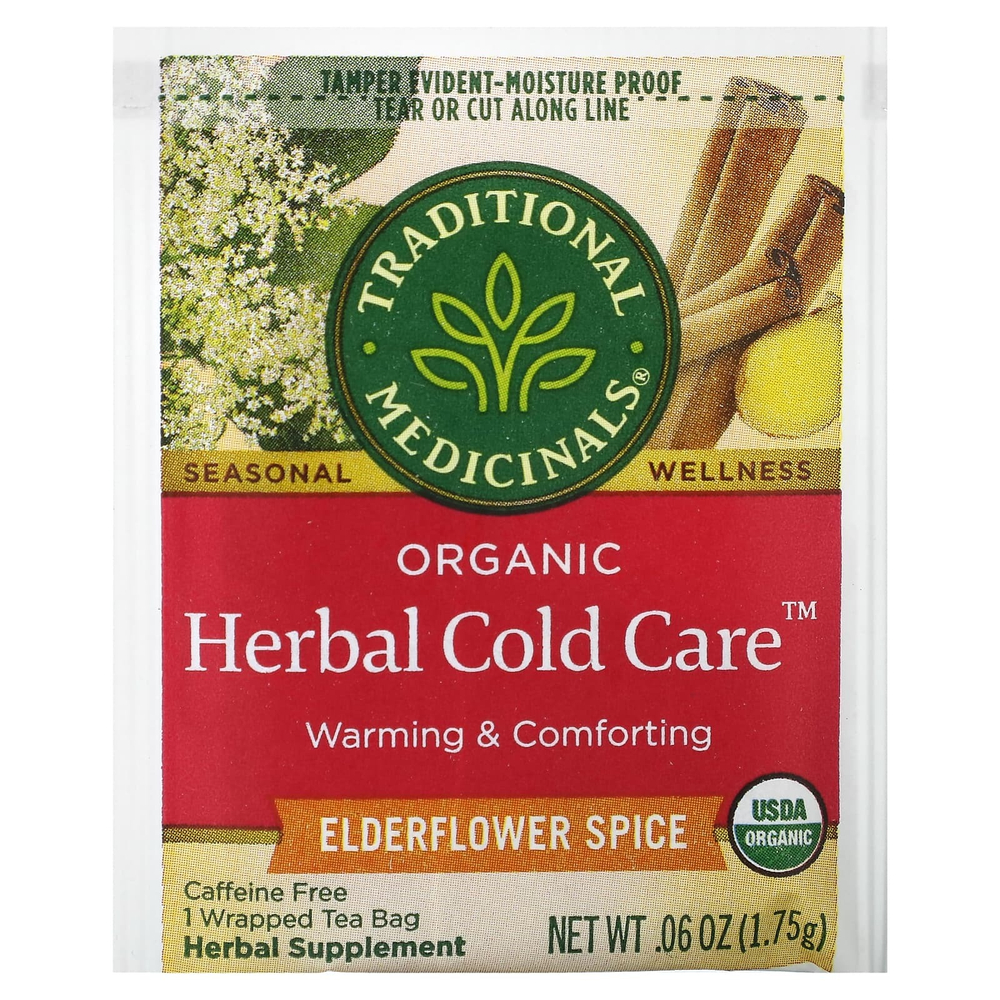 Traditional Medicinals, Herbal Cold Care, органическое средство от простуды, цветки бузины со специями, без кофеина, 16 чайных пакетиков в индивидуальной упаковке, по 1,75 г (0,6 унции) каждый