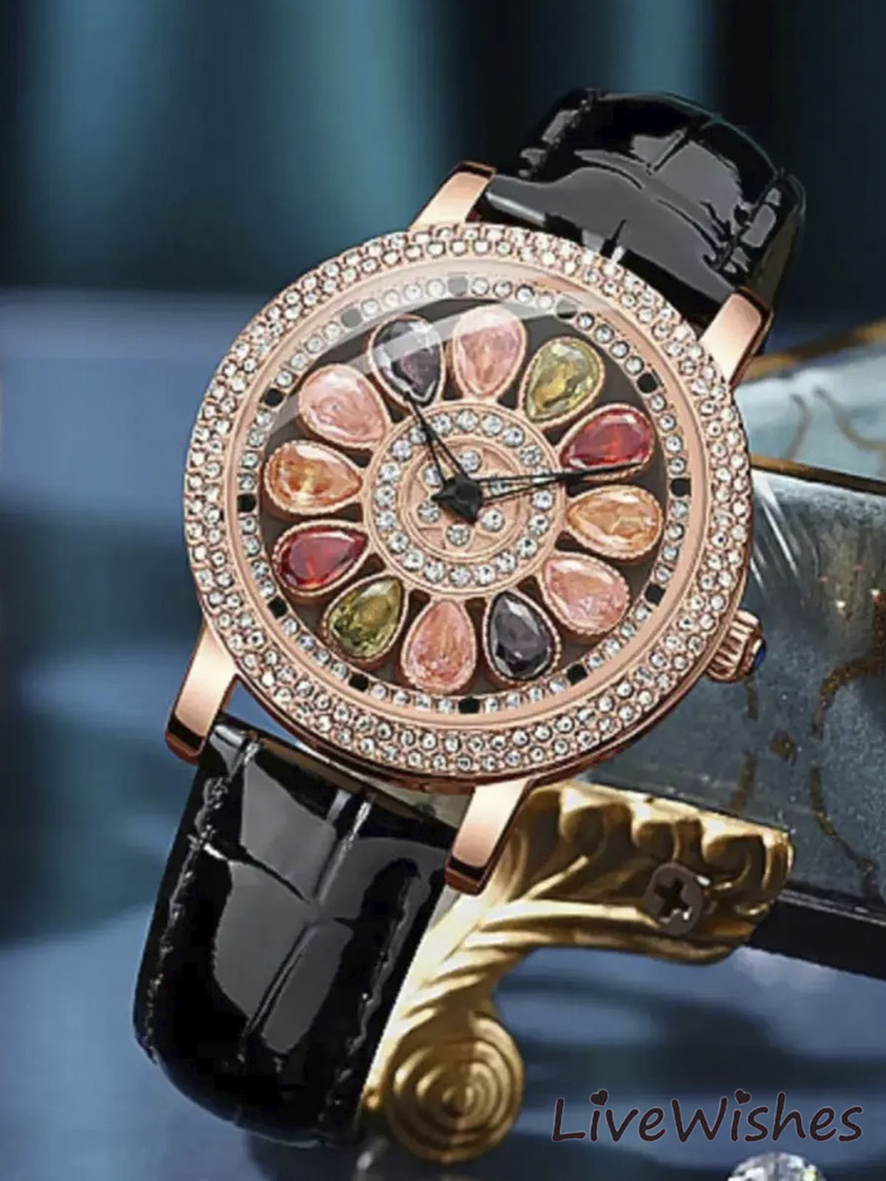 Часы наручные кварцевые на кожаном ремешке, золотистый/черный W9260-01