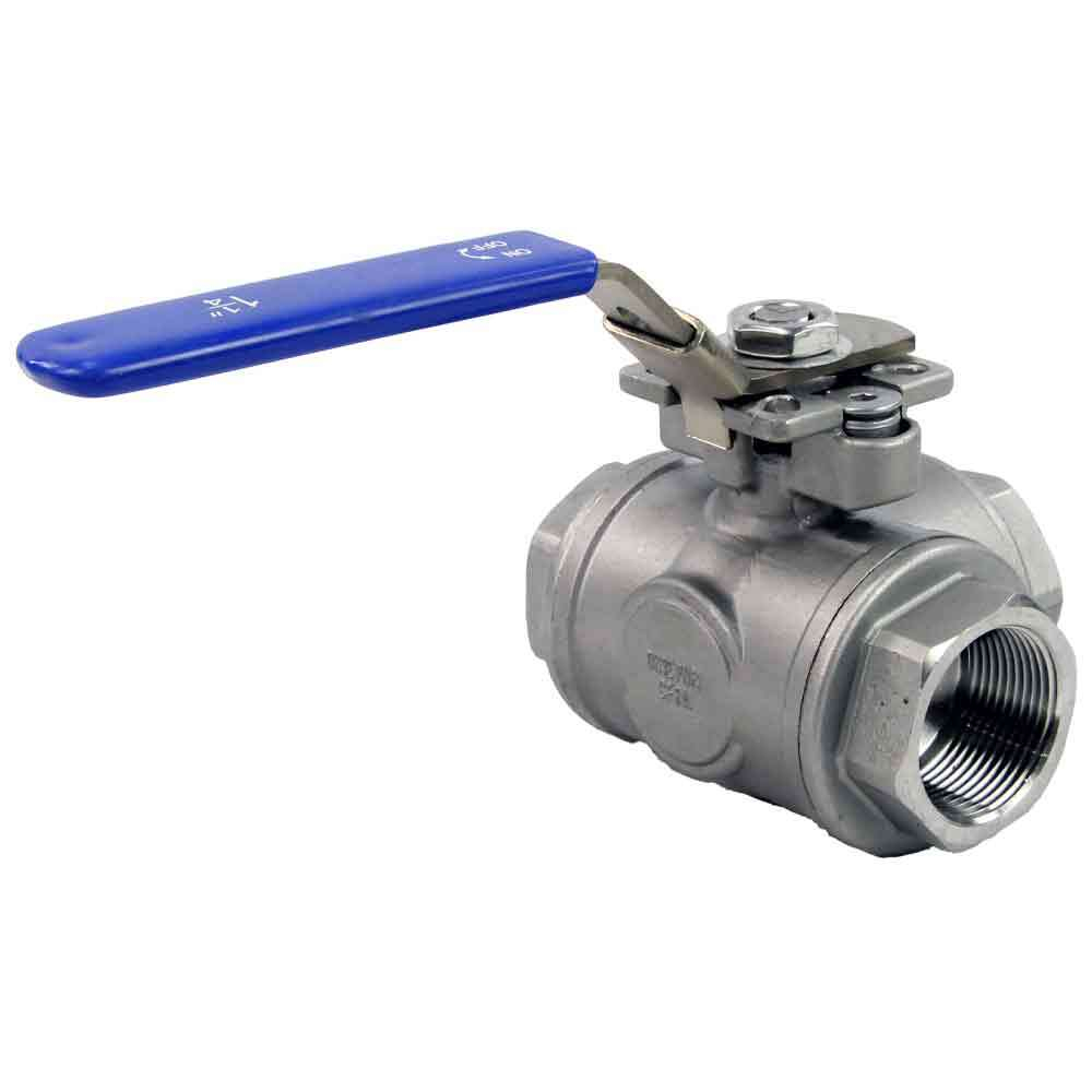 Stainless steel ball 3-way valve Threaded NPT/BSP L-type standard port Elephant  RP.SS316.200.MM 986 psi with ISO 5211 mounting pad and handle