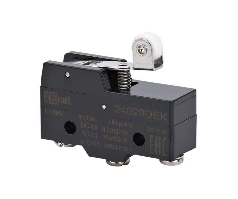 Выключатель концевой 1НО1НЗ миниатюрный шарнирн. короткого рычажного типа с роликом DEKraft 34029DEK Выключатель концевой 1НО1НЗ миниатюрный шарнирн. короткого рычажного типа с роликом DEKraft 34029DEK