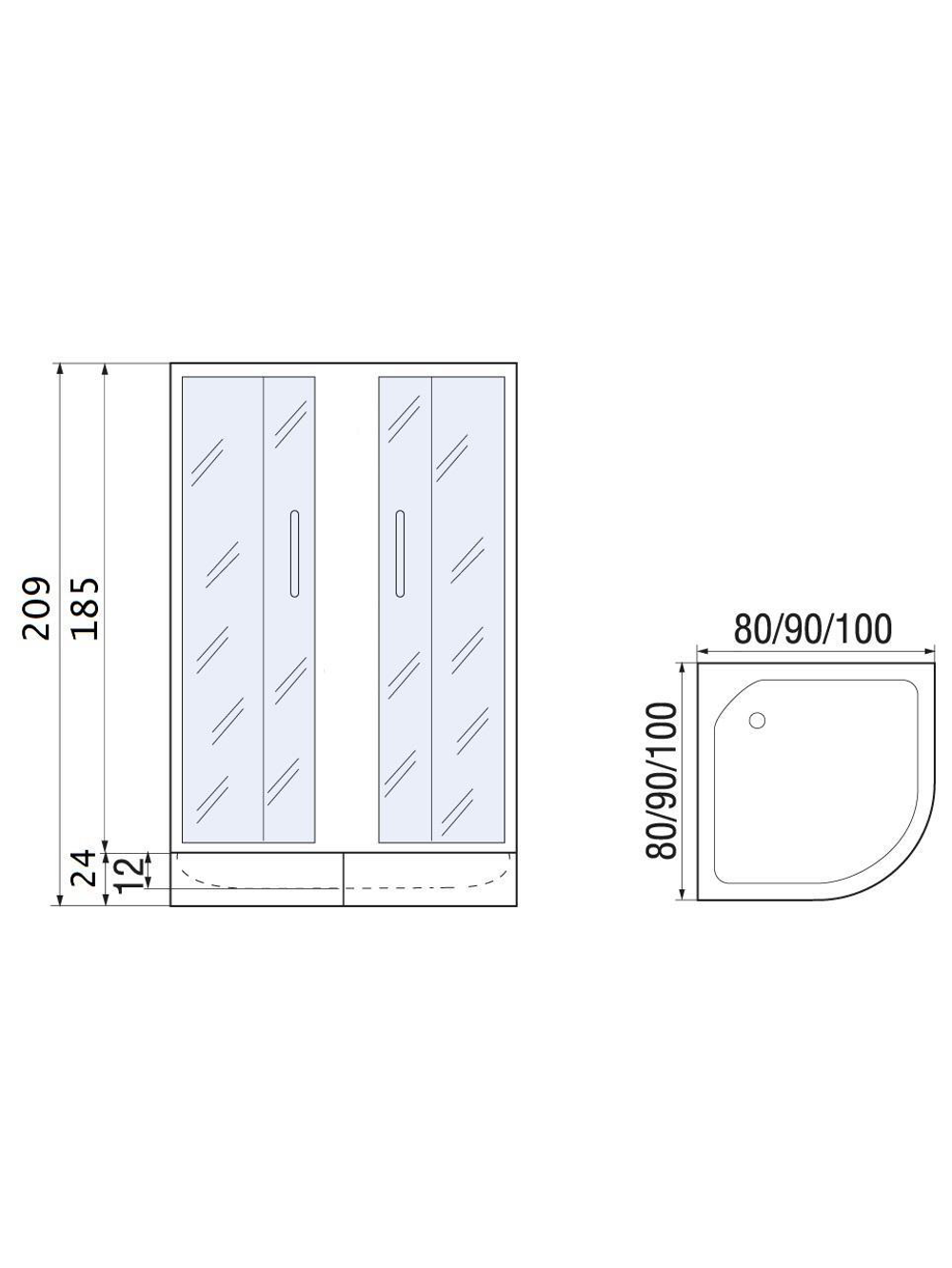 Душевое ограждение RIVER DON XL 90/24 МТ Душевое ограждение без поддона 90х90х185 10000003367 Четверть круга Универсальная  Хром матовый