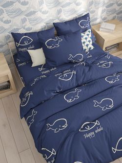 Постельное белье Сказка "Киты" 1,5-сп Наволочка 50х70 см 1 шт Простынь на резинке 90х200 см Пододеяльник 145х215 см, перкаль