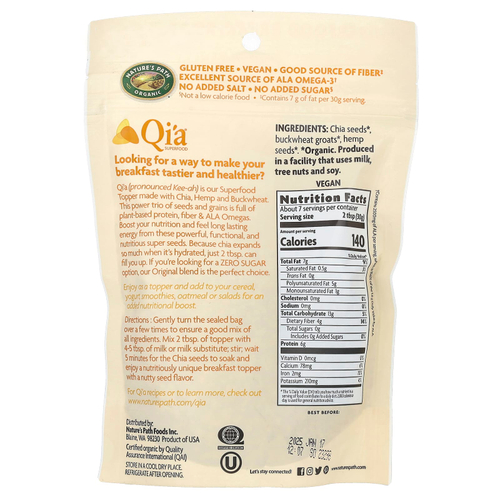 Nature's Path, Organic Qi'a Superfood, чиа, гречка и конопля, оригинальные, 225 г (7,9 унции)
