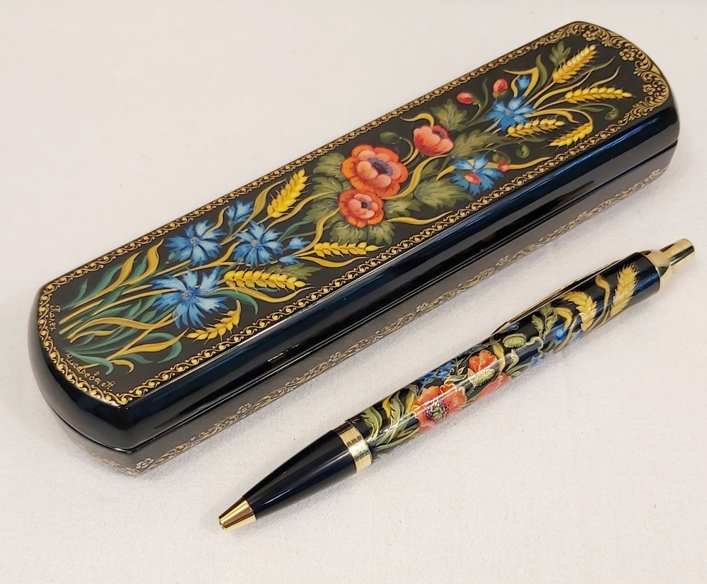 Ручка расписная  Паркер в шкатулке "Пшеница с маками" №3 с ручной росписью Палех