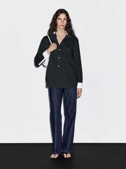 Massimo Dutti Рубашка в полоску с контрастной деталью, темно-серый