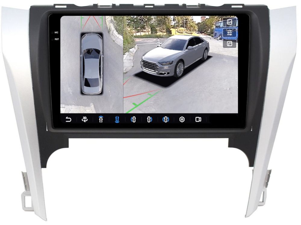 Магнитола Toyota Camry 50 2011-2014 (рамка серебристо-черная) - FarCar BX9-360-7048B9 монитор 9.5" 2K QLED на Android 13, 6Гб+128Гб, CarPlay, 4G SIM-слот, 4 камеры в комплекте