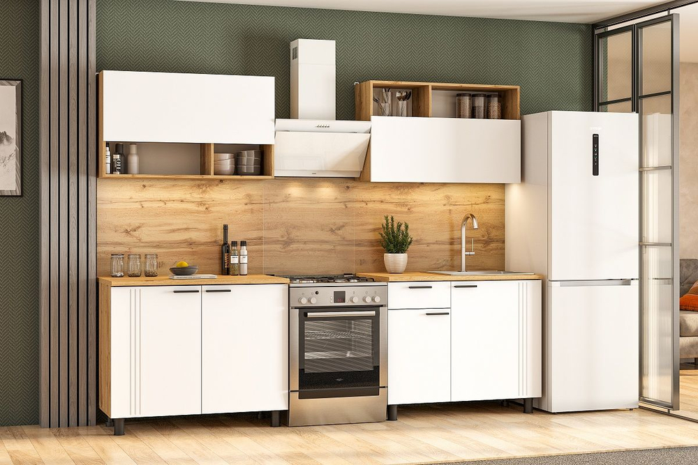 Кухонный гарнитур Монако 2.0 м Серия 2 МДФ с фрезеровкой (Дуб Золотой/Белый матовый)