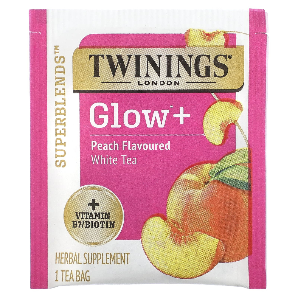 Twinings, Superblends, Glow +, белый чай, персик, 16 чайных пакетиков, 29 г (1,02 унции)