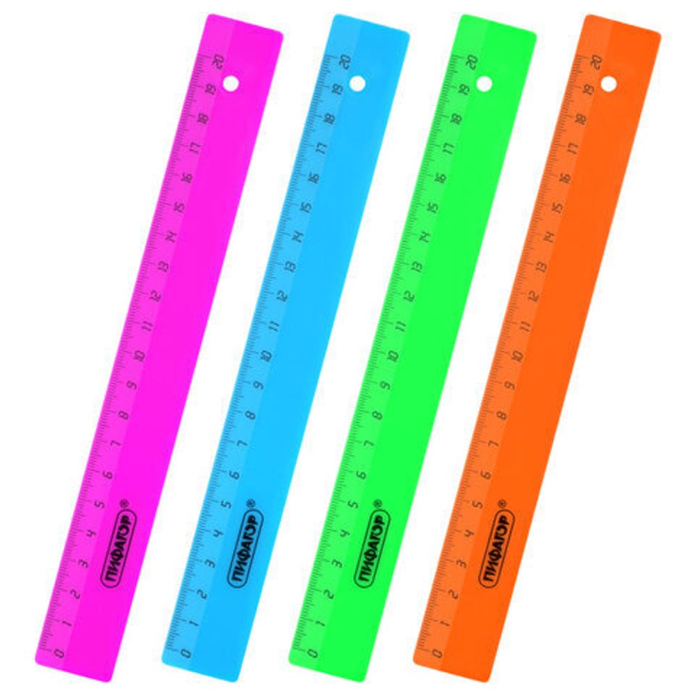 Линейка пластиковая 20 см ПИФАГОР, непрозрачная, неоновая, ассорти, 210788