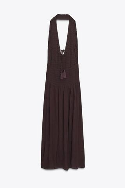 ZARA ПЛАТЬЕ-ХАЛТЕР С ПЛИССИРОВКОЙ, КОРИЧНЕВЫЙ