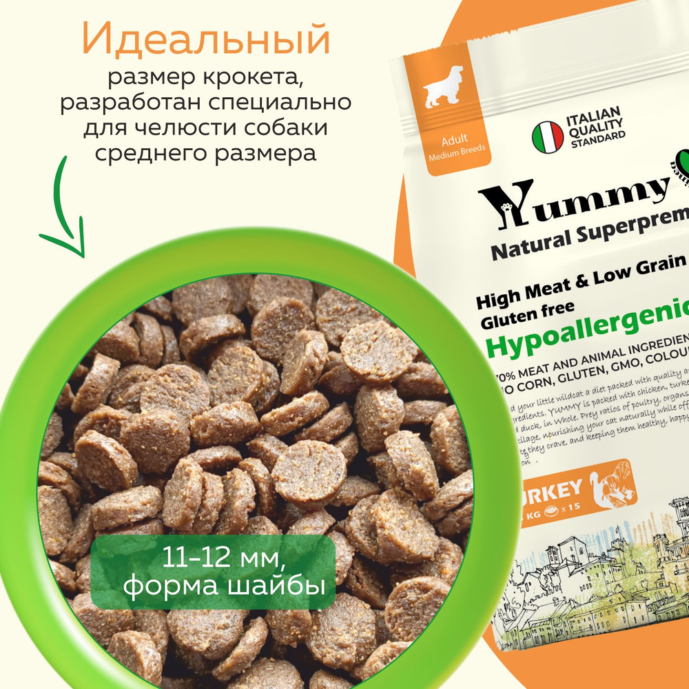 Yummy Linea корм для взрослых собак средних и крупных пород, индейка, 2,5 кг