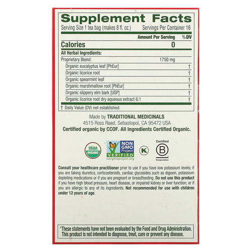Traditional Medicinals, Organic Throat Cover®, эвкалипт, без кофеина, 16 упакованных чайных пакетиков, 28 г (0,99 унции)