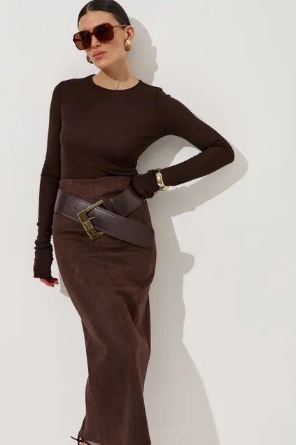 Юбка карандаш из экозамши цвета шоколад