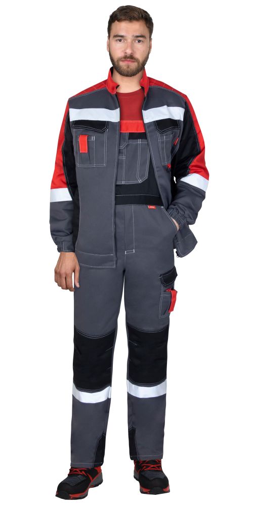 Костюм СИРИУС-ФАВОРИТ-МЕГА куртка кор., п/к, тёмно-серый с красным, черным и СОП