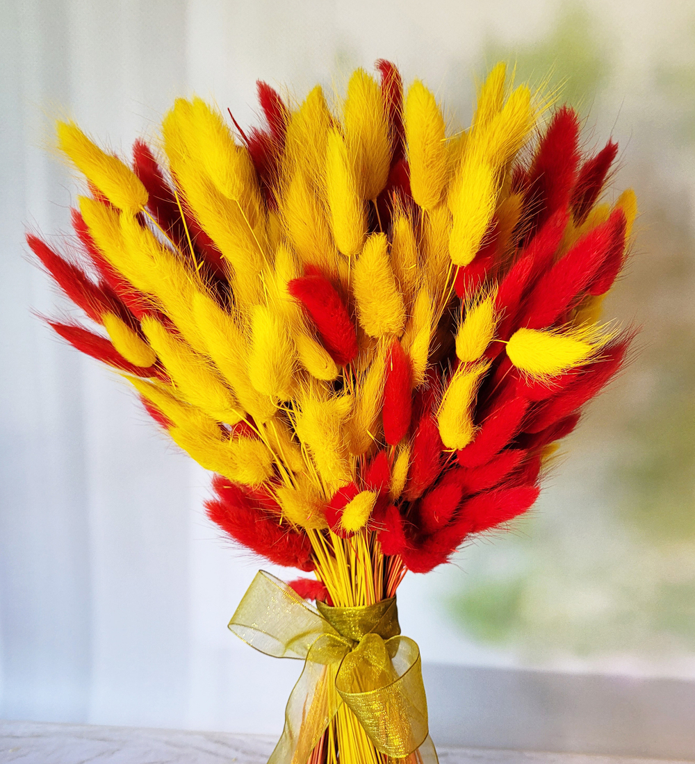Букет сухоцветов из лагуруса красного и желтого