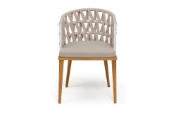 "Диего" стул плетеный из роупа, основание дуб каркас из стали белый муар, роуп бежевый круглый, ткань бежевая 052