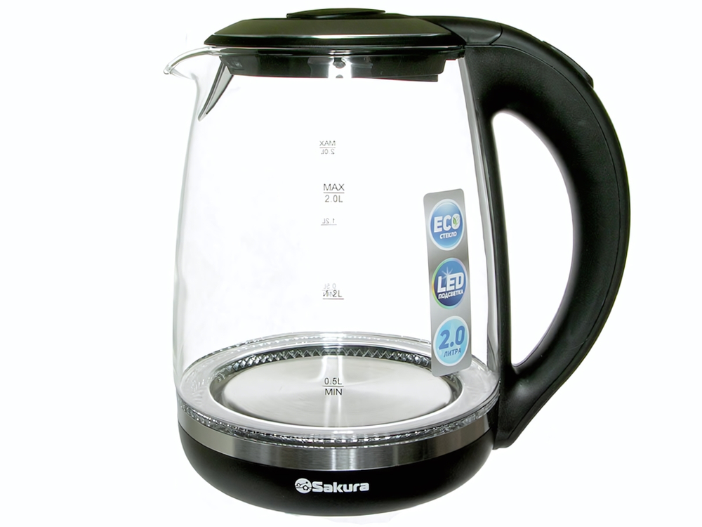 Чайник электрический 2л Sakura SA-2719BK, стеклянный с подсветкой, темно-серый