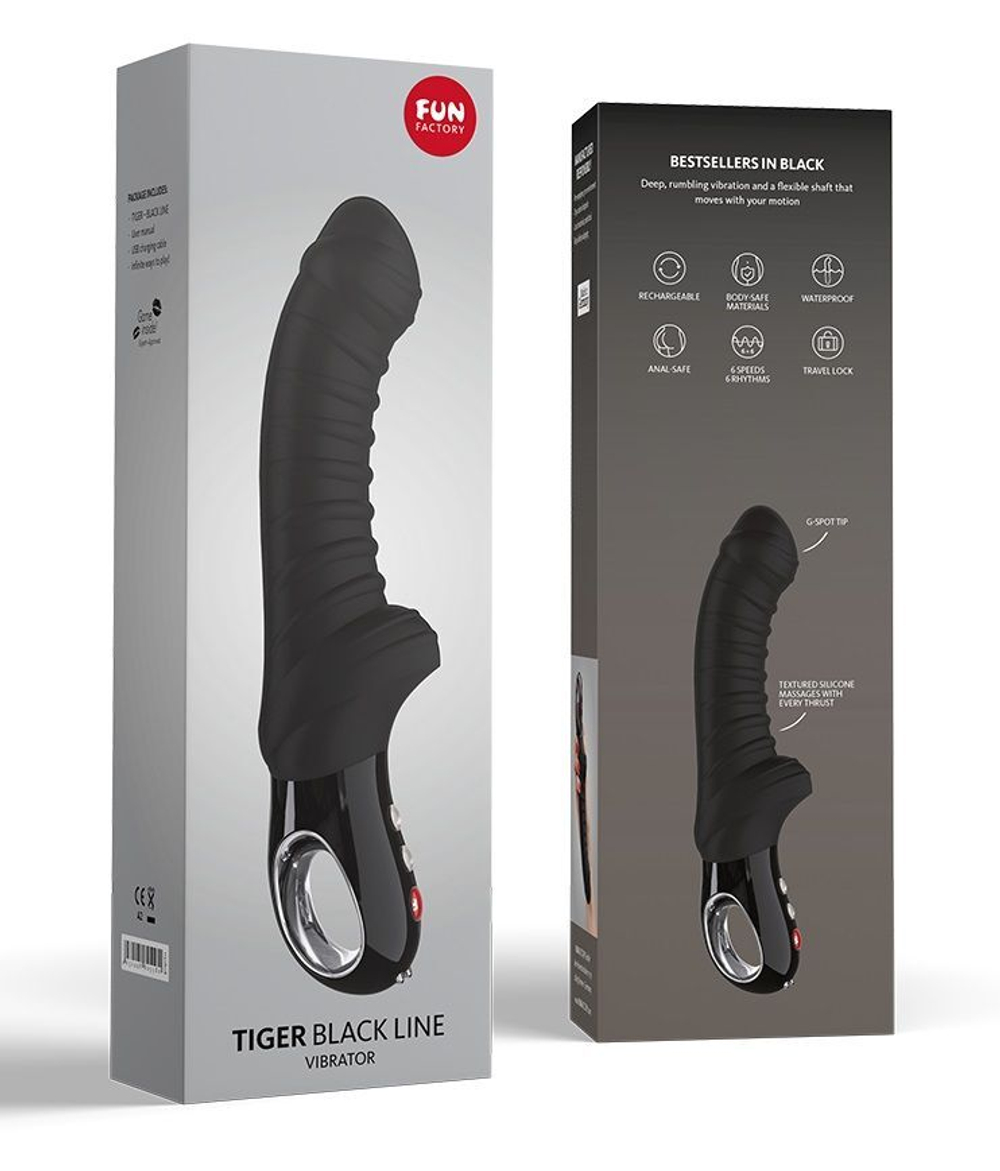 Черный вибратор с рёбрышками Tiger Black Line - 22,3 см. (Цвет: черный)