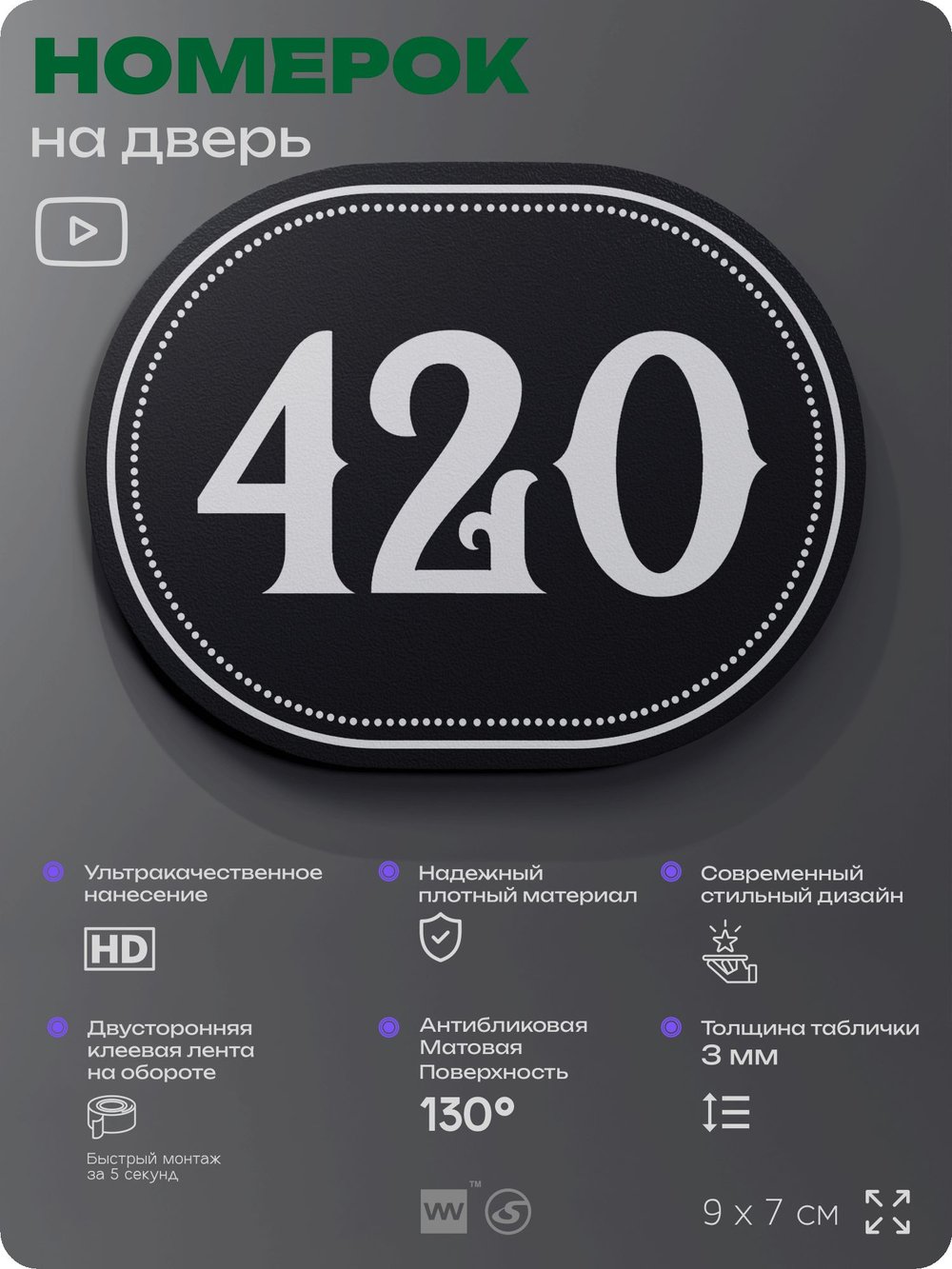 Номерок на дверь квартиры 420, для кабинета, офиса, шильдик 9 х 7 см, черный, Айдентика Технолоджи