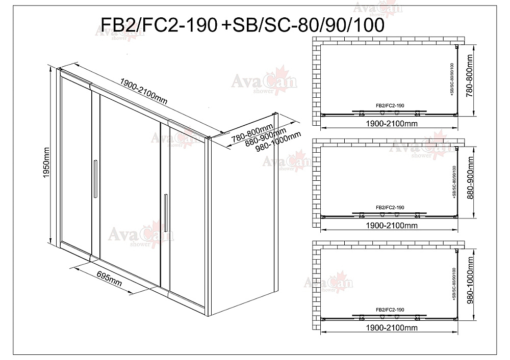 Душевой уголок AvaCan FB2 190-210 + SB90 MT 210х90 профиль черный/стекло матовое с рисунком