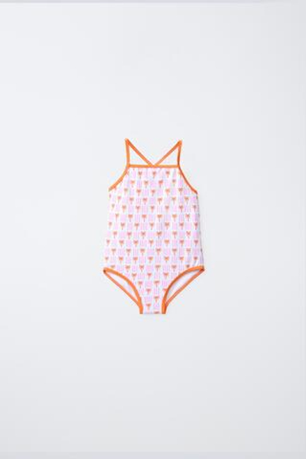 ZARA КУПАЛЬНИК С ПРИНТОМ «ПАЛЬМЫ», ОРАНЖЕВЫЙ