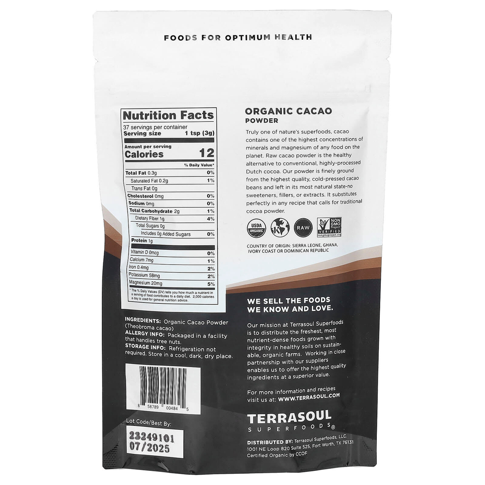 Terrasoul Superfoods, какао-порошок, холодного отжима, 113 г (4 унции)