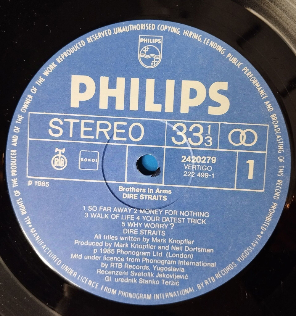 Винтажная виниловая пластинка LP Dire Straits Brothers In Arms (Югославия 1985) So Far Away