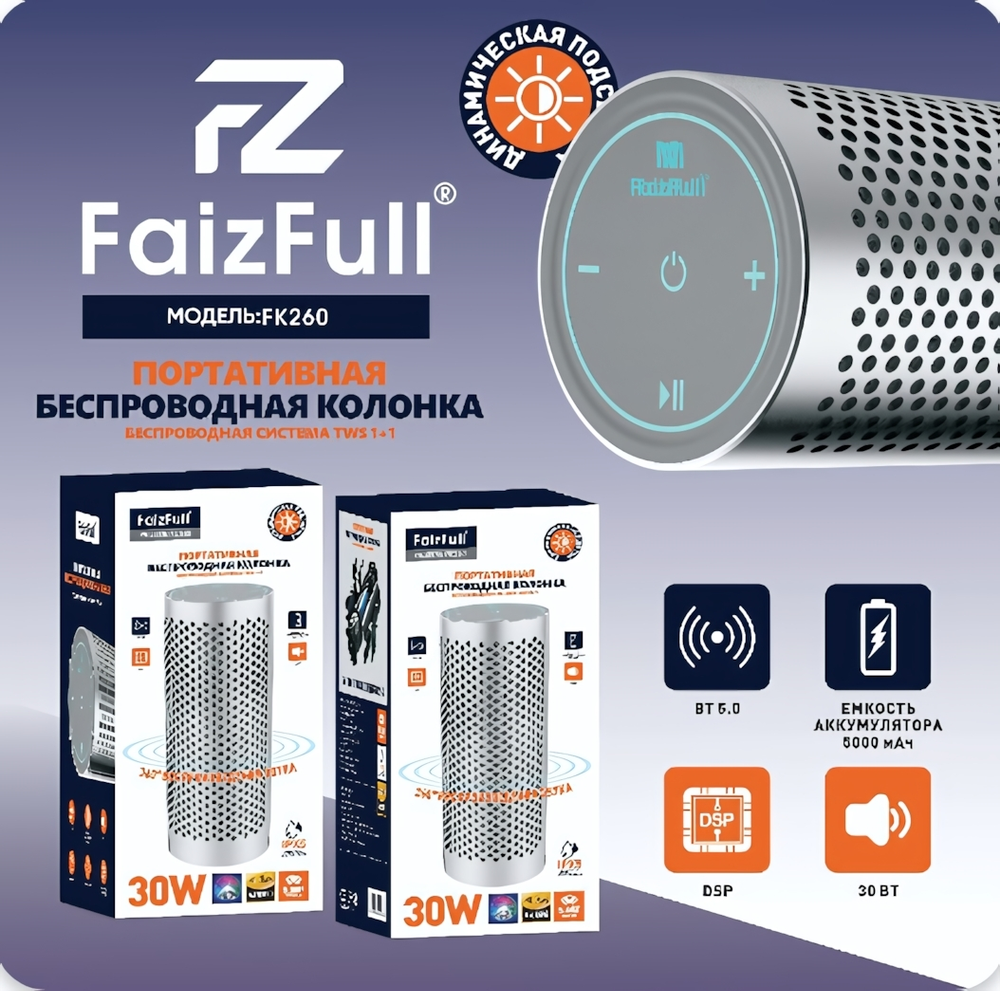 Портативная колонка FaizFull FK260, 30W, BT5.0, 5000mAh, IPX5 Silver