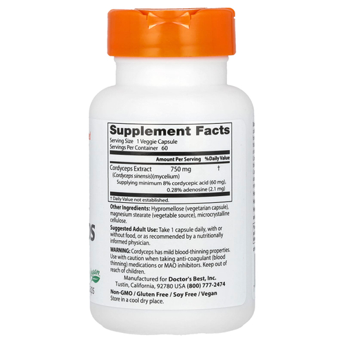 Doctor's Best, ультра кордицепс, 750 мг, 60 вегетарианских капсул