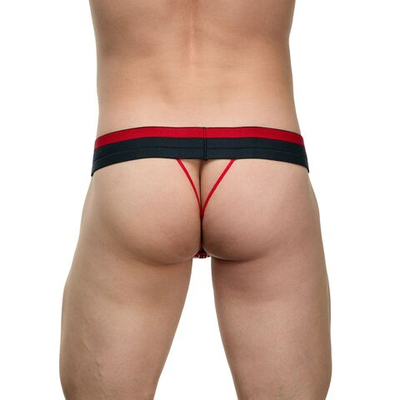 Мужские красно-черные лаковые трусы-стринги (Размер: L-XL) (Цвет: красный с черным)