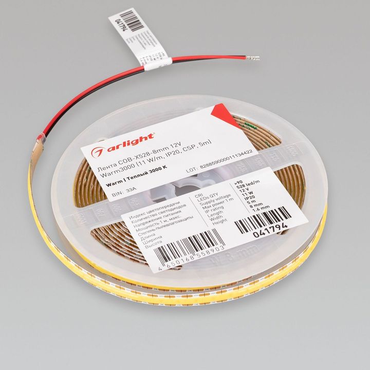 Светодиодная лента Arlight 11W/m 528Led/m CSP теплый белый 5M COB-X528-8mm 12V Warm3000 041794