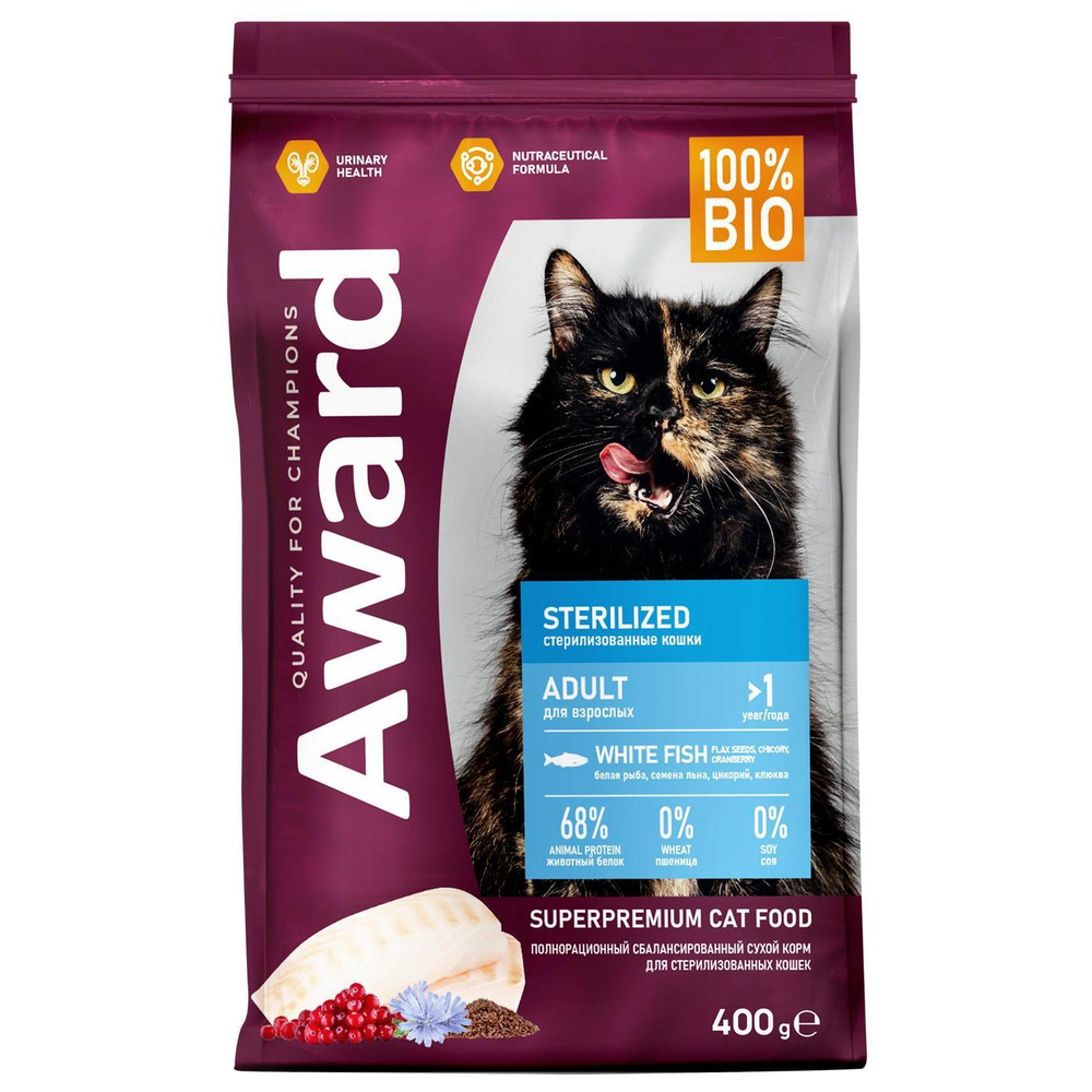 Корм для кошек AWARD Sterilized , 400 г, белая рыба с клюквой и цикорием