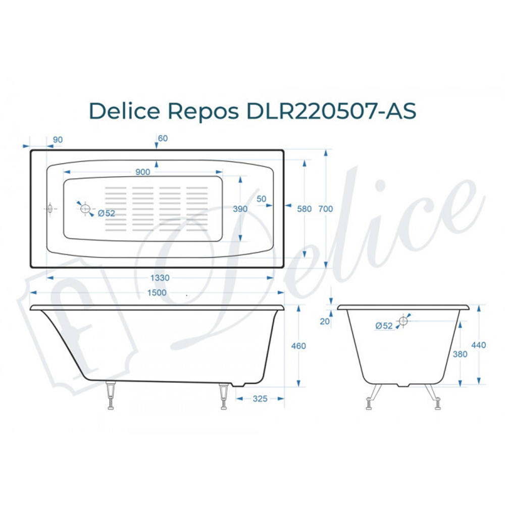 Ванна чугунная Delice Repos 150х70 с антискользящим покрытием DLR220507-AS