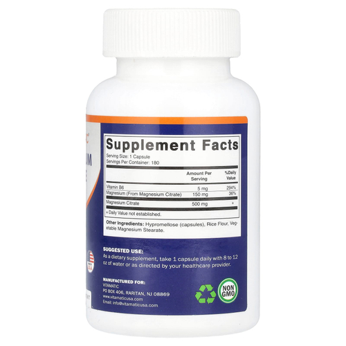 Vitamatic, Цитрат магния с витамином B6, 180 вегетарианских капсул
