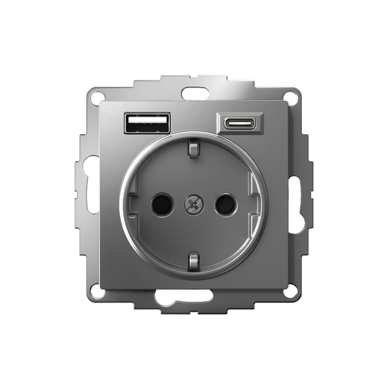 Розетка 1-м СП AtlasDesign 16А IP20 с 2-мя заряд. устройствами USB тип A+C механизм сталь SE ATN000932