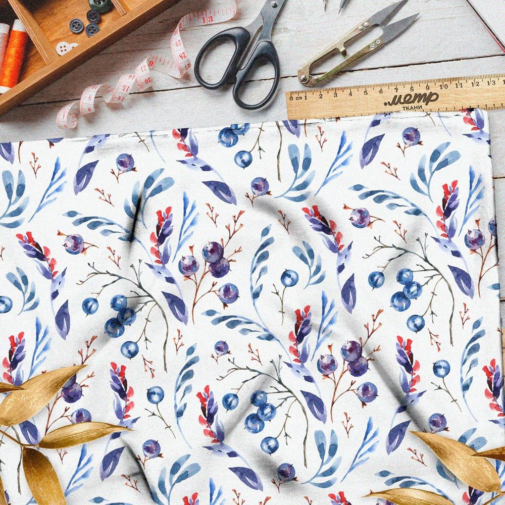 Ткань футер 2-х нитка листья с голубикой