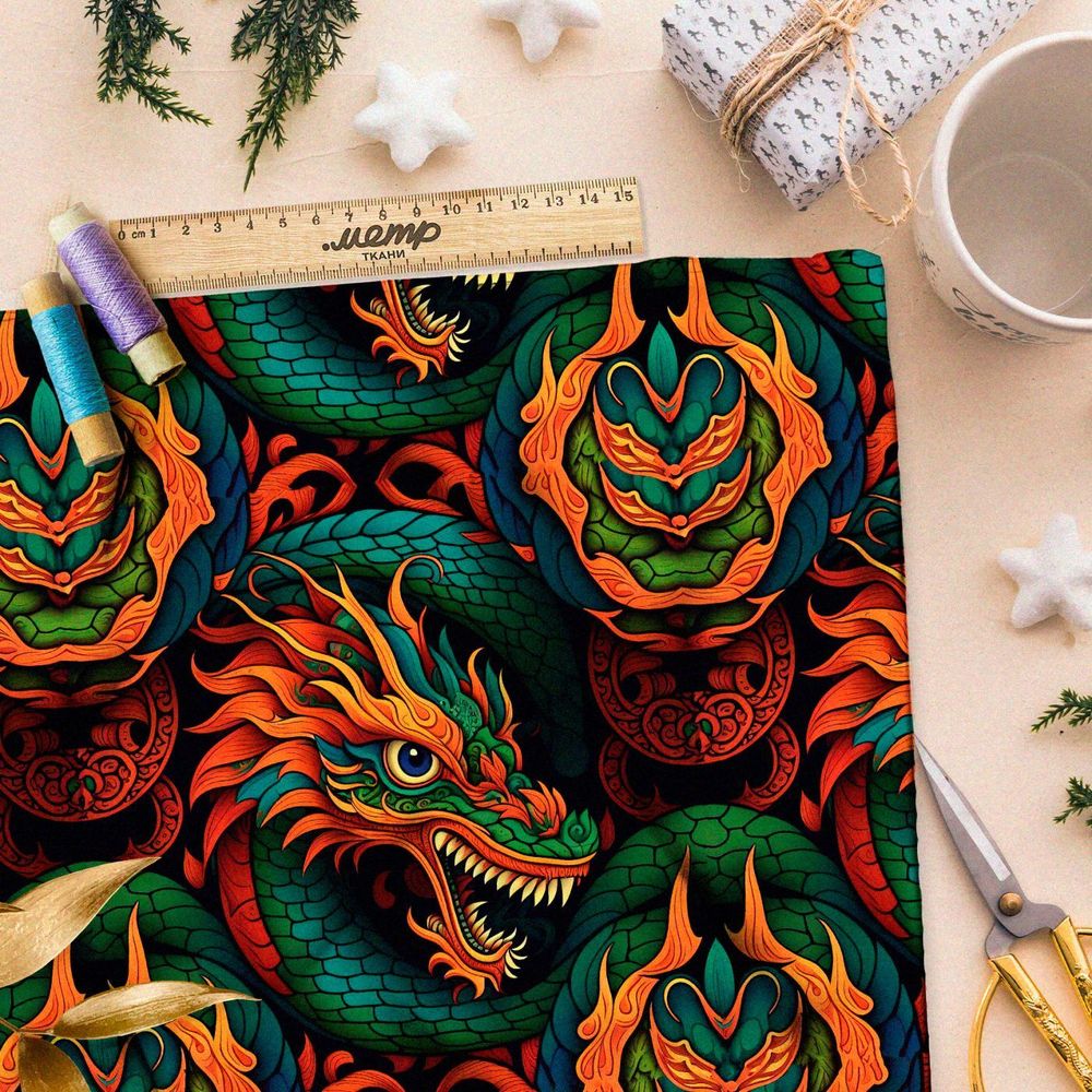 Ткань премиум дюспо эффектные восточные драконы