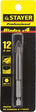 STAYER 12 мм, 4х кромка, HEX 1/4, Сверло по стеклу и кафелю (2985-12)