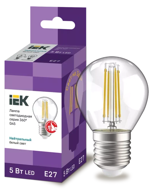 Лампа светодиодная G45 шар прозрач. 5Вт 230В 4000К Е27 серия 360° IEK