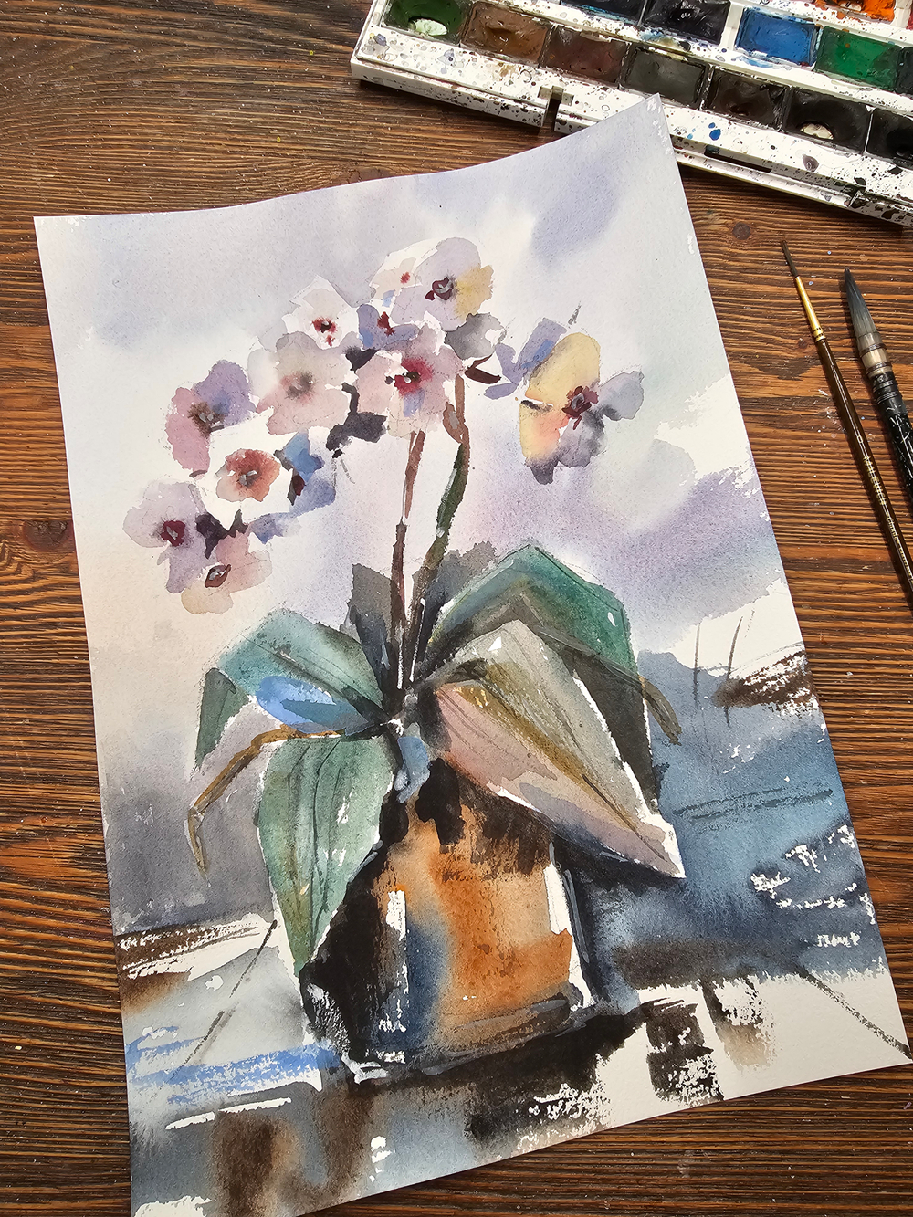 Картина авторская акварельная в паспарту 30х40 см на стену для интерьера "Орхидея"