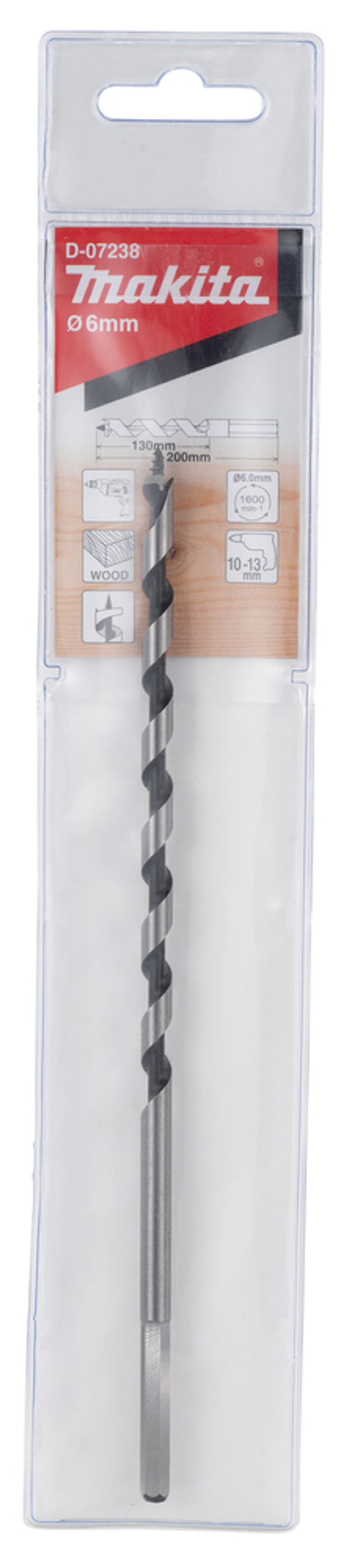 Сверло Левиса по дереву 6x130x200 Makita D-07238 Дерево 6,0 x 250 мм