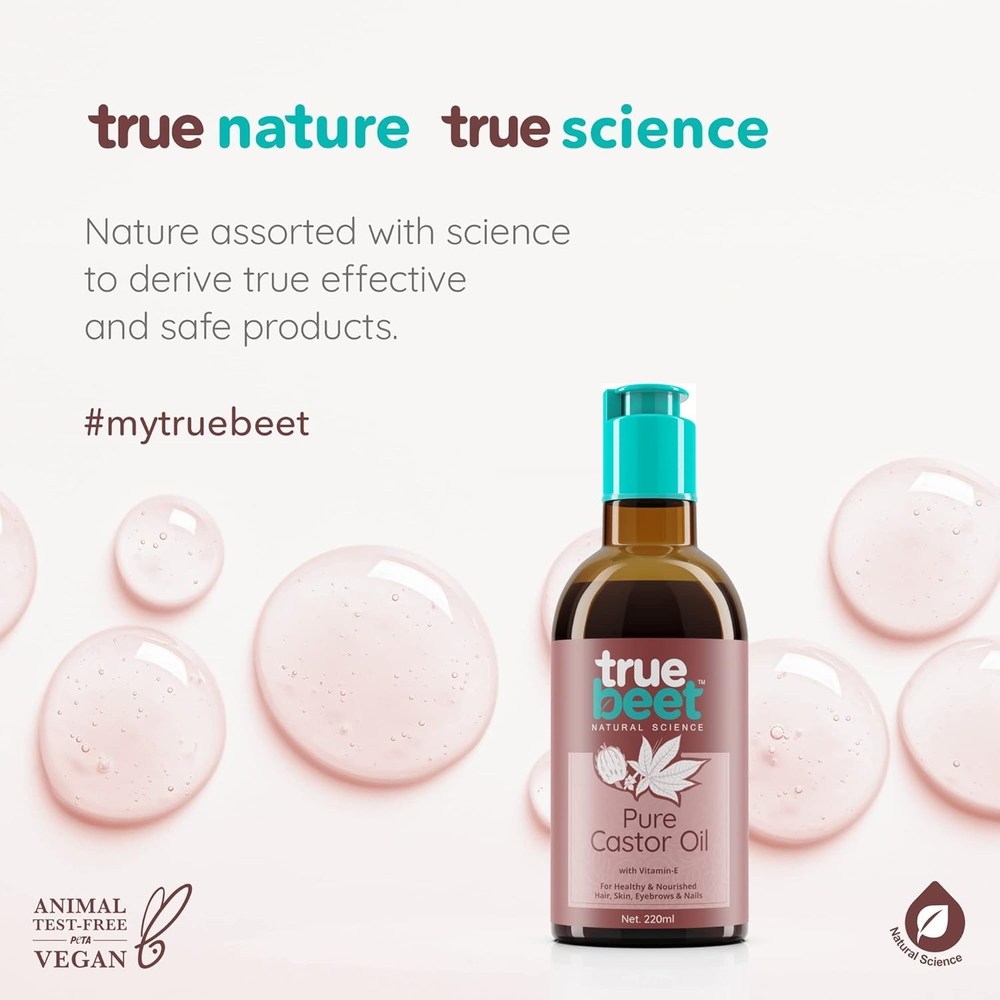 Truebeet Касторовое масло для роста волос, ухода за кожей, увлажнения сухой кожи, ногтей, ресниц и бровей с витамином Е (масло Аранди) 100% чистое с аппликатором-расческой (220 мл)