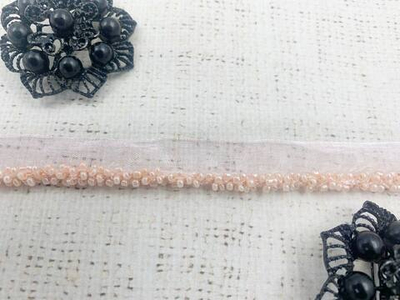 Кант на органзе с бисером, ш. 1 см, бисер ш. 0,5 см, персиковый
