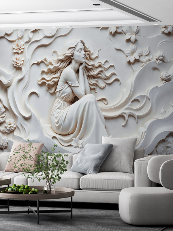 Объемные 3D фотообои девушка и бежевые волны