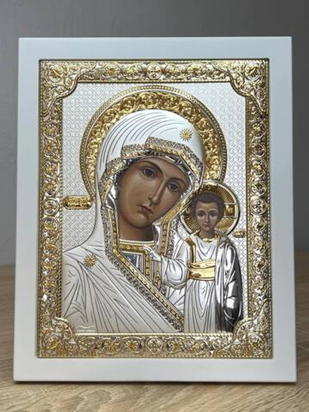 Казанская БМ, икона прямоугольная с рамкой, белое дерево 150х190