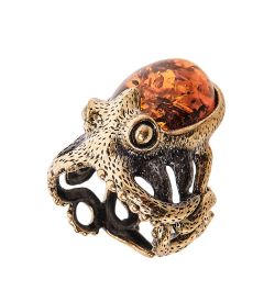 AM-2483 Кольцо «Осьминог» (латунь, янтарь)