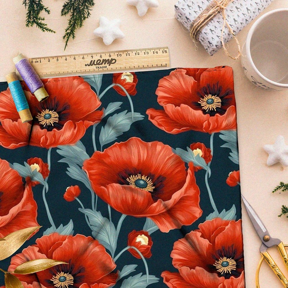 Ткань премиум Оксфорд 600D крупные маки на синем