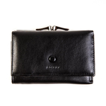 Стильный чёрный женский кошелёк из из премиальной искусственной кожи с клапаном на кнопке, 2 кармашками для пластиковых карт, 1 отделением для пропуска, 2 потайными карманами, 2 отделениями для денег и 1 на молнии, местом для 2 SIM-карт, отделением для мелочи снаружи CS928-02A