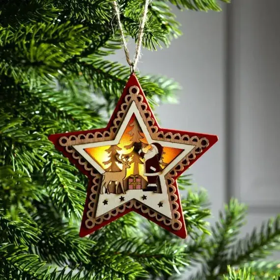 Ёлочная игрушка Красная звезда с Дедом Морозом 12х2 см., от батареек, свечение тёплое белое, Luazon Lighting (6117363)