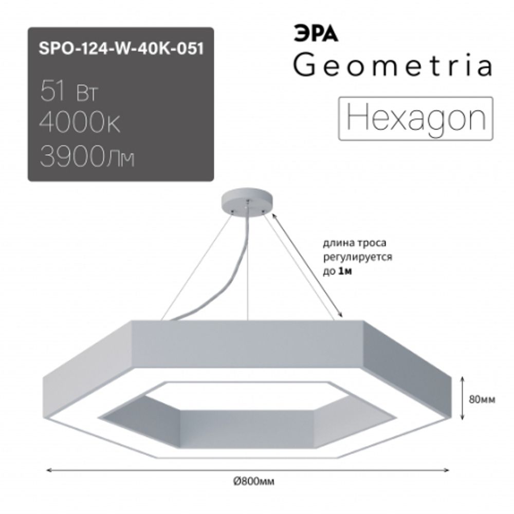 Светильник LED ЭРА Geometria SPO-124-W-40K-051 Hexagon 51Вт 4000К 4000Лм 800*800*80 белый подвесной драйвер внутри | Декоративные светильники Geometria